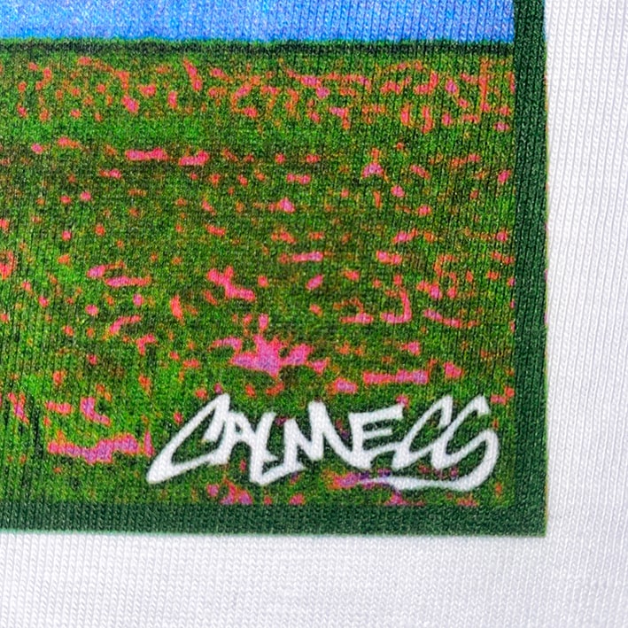 CALMECS T-SHIRT IN COLOR WHITE WITH BACK GRAPHIC PRINT. CALMECS LOGO CLOSE UP.