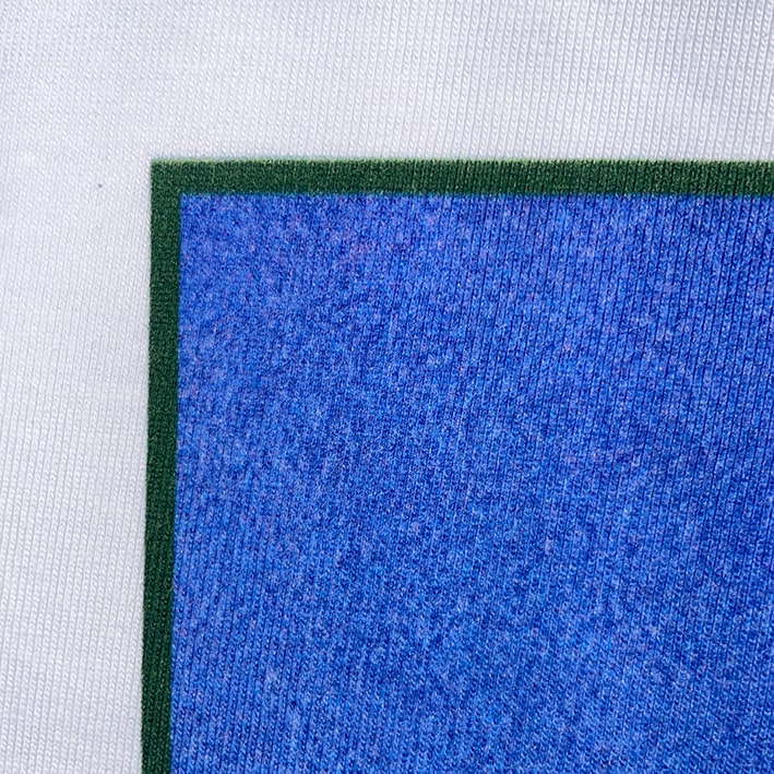 CALMECS T-SHIRT IN COLOR WHITE WITH BACK GRAPHIC PRINT. BLUE GRAPHIC CLOSE UP.