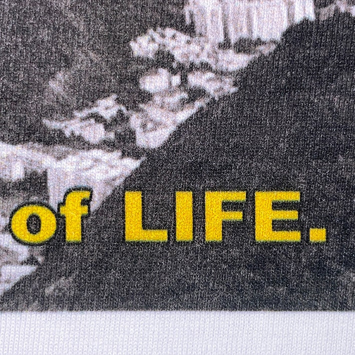 CALMECS T-SHIRT IN COLOR WHITE WITH YELLOW FONT WHITE AND BLACK BACK GRAPHIC PRINT. LETTER CLOSE UP.