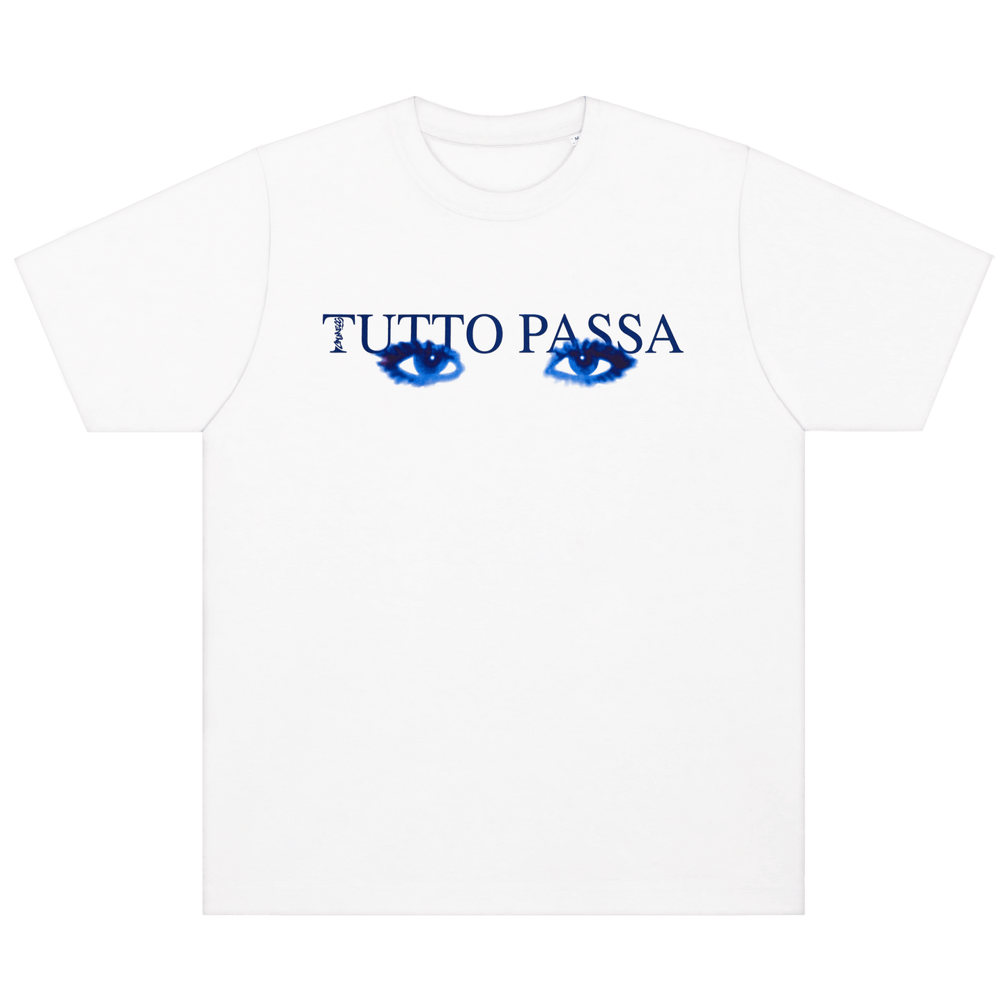 CALMECS T-SHIRT IN COLOR WHITE WITH BLUE TUTTO PASSA FONT AND BLUE EYES FRONT PRINT. FRONT VIEW.