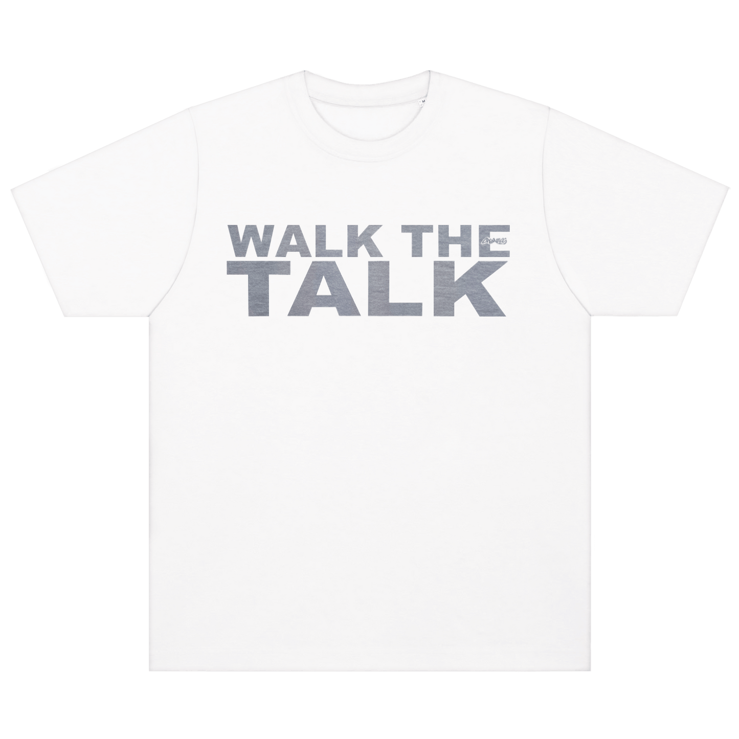CALMECS T-SHIRT IN COLOR WHITE WITH GREY FONT FRONT PRINT. CALMECS LOGO.