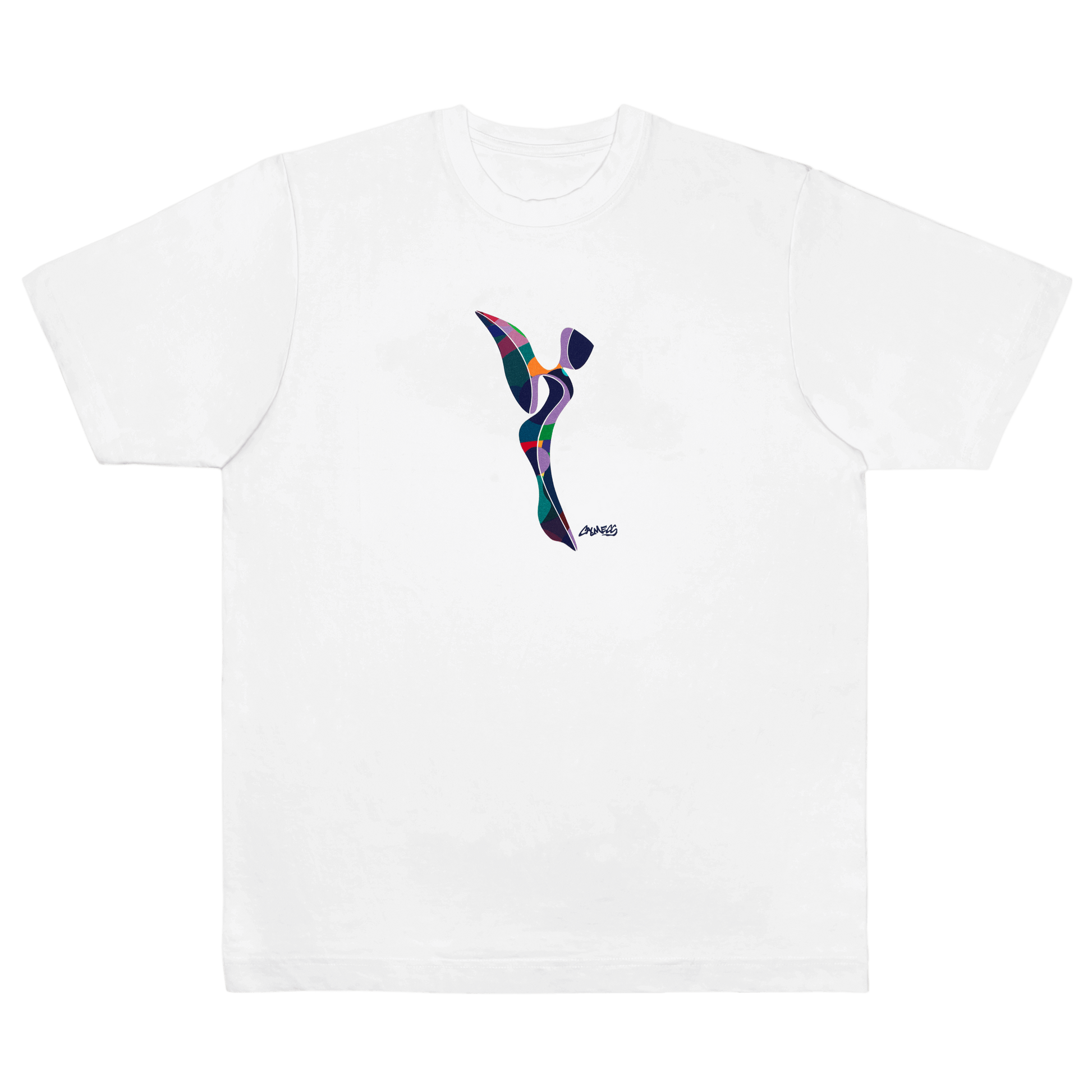 CALMECS T-SHIRT IN COLOR WHITE WITH COLORFUL ANGEL FRONT PRINT. FRONT VIEW.