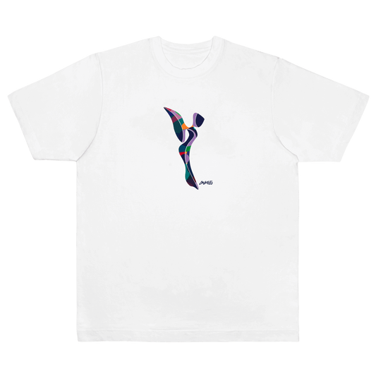 CALMECS T-SHIRT IN COLOR WHITE WITH COLORFUL ANGEL FRONT PRINT. FRONT VIEW.