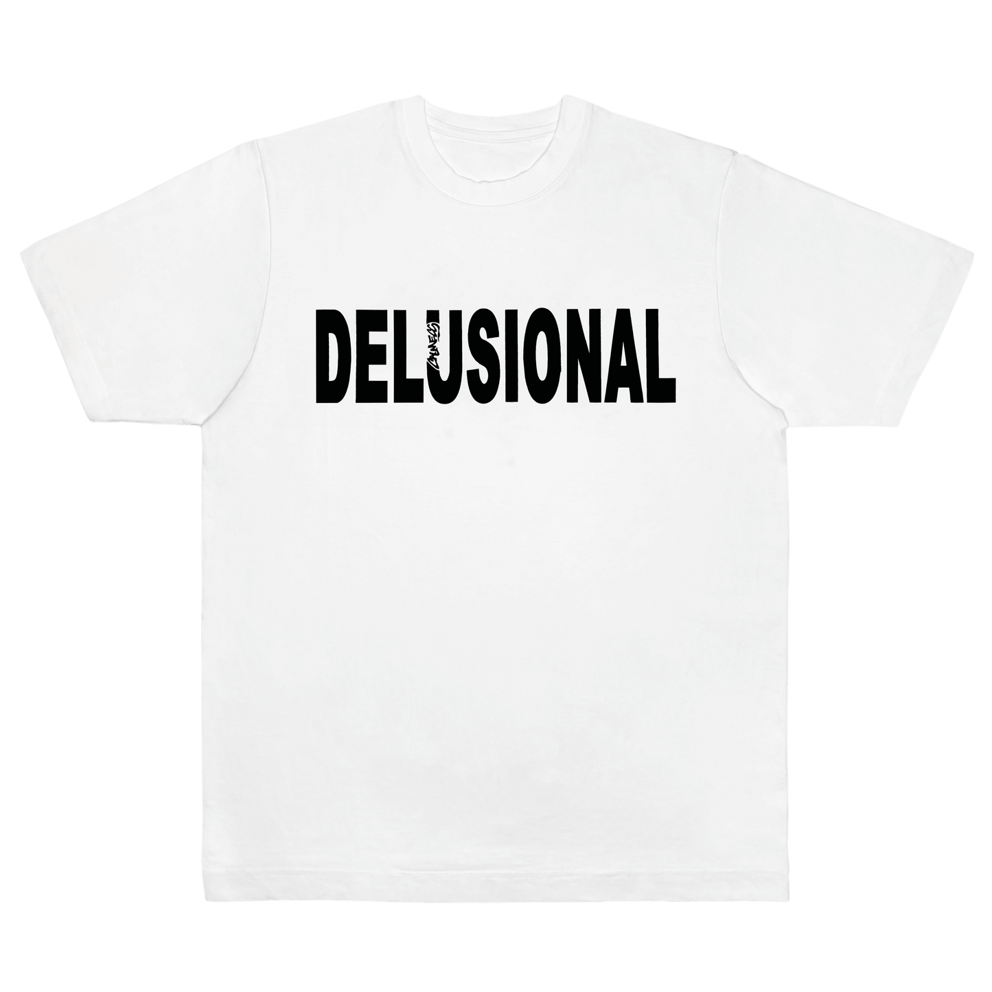 CALMECS T-SHIRT IN COLOR WHITE WITH BLACK DELUSIONAL FONT FRONT PRINT. FRONT VIEW.