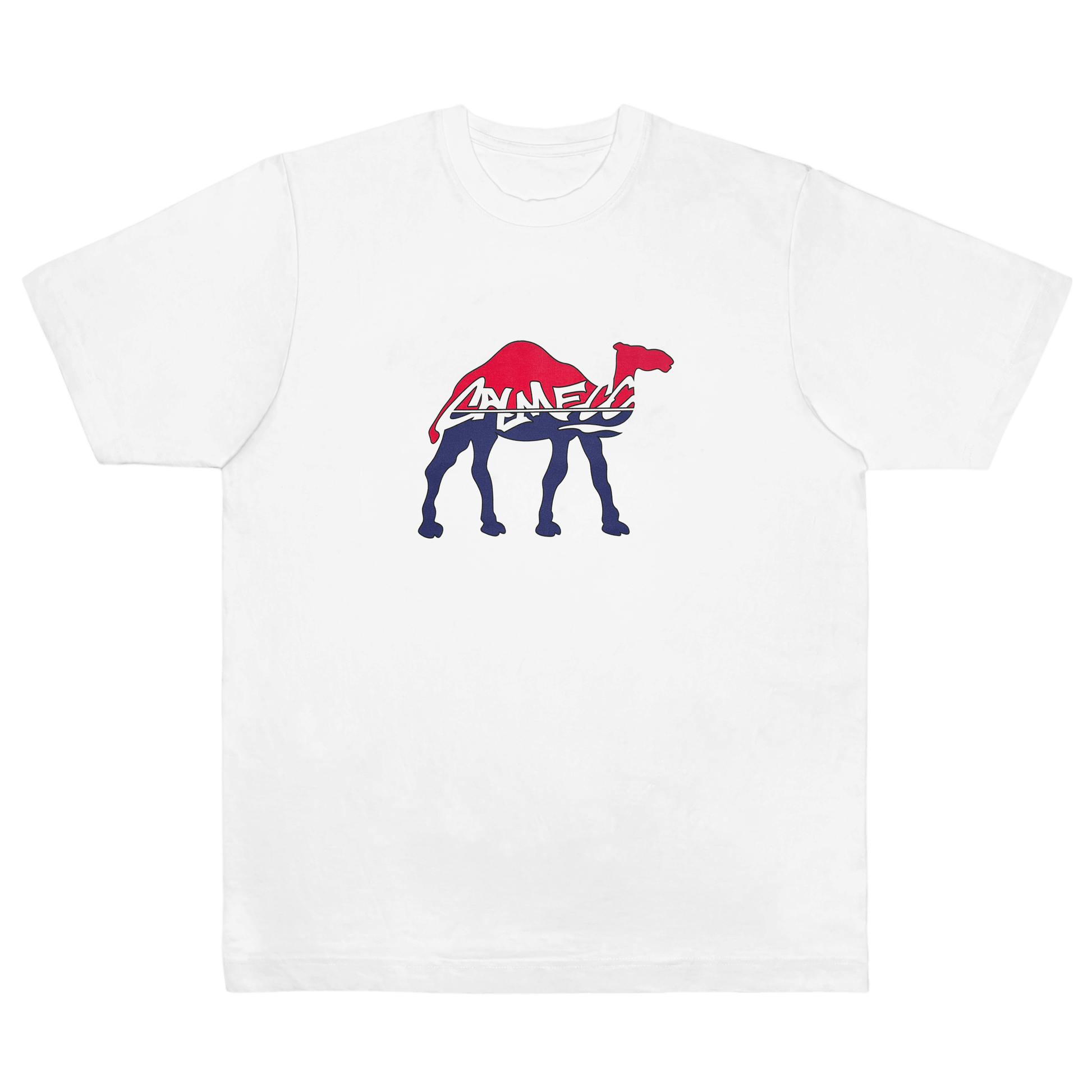 CALMECS T-SHIRT IN COLOR WHITE WITH RED AND BLUE DROMEDARY / CAMEL AND CALMECS LOGO FRONT PRINT. FRONT VIEW.