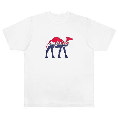 CALMECS T-SHIRT IN COLOR WHITE WITH RED AND BLUE DROMEDARY / CAMEL AND CALMECS LOGO FRONT PRINT. FRONT VIEW.