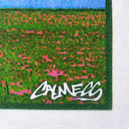 CALMECS T-SHIRT IN COLOR WHITE WITH BACK GRAPHIC PRINT. CALMECS LOGO CLOSE UP.