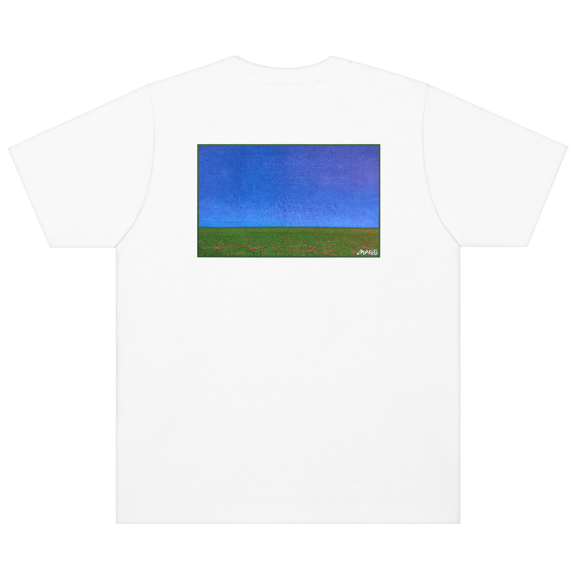 CALMECS T-SHIRT IN COLOR WHITE WITH BACK GRAPHIC PRINT. CALMECS LOGO. 