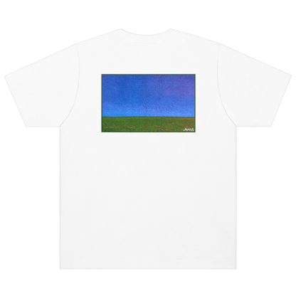 CALMECS T-SHIRT IN COLOR WHITE WITH BACK GRAPHIC PRINT. CALMECS LOGO. 