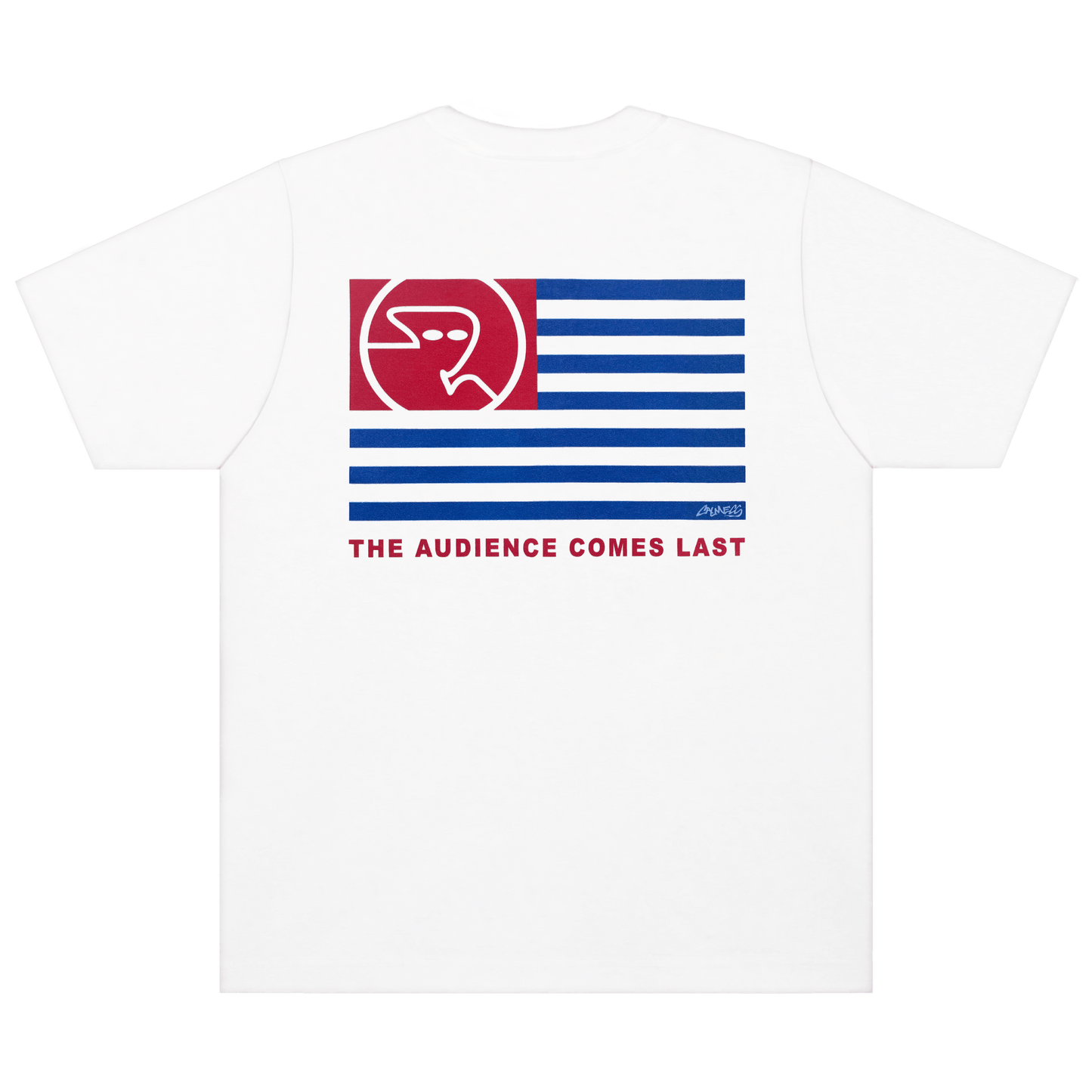 CALMECS T-SHIRT IN COLOR WHITE WITH RED AND BLUE BACK GRAPHIC PRINT. BLUE CALMECS LOGO.