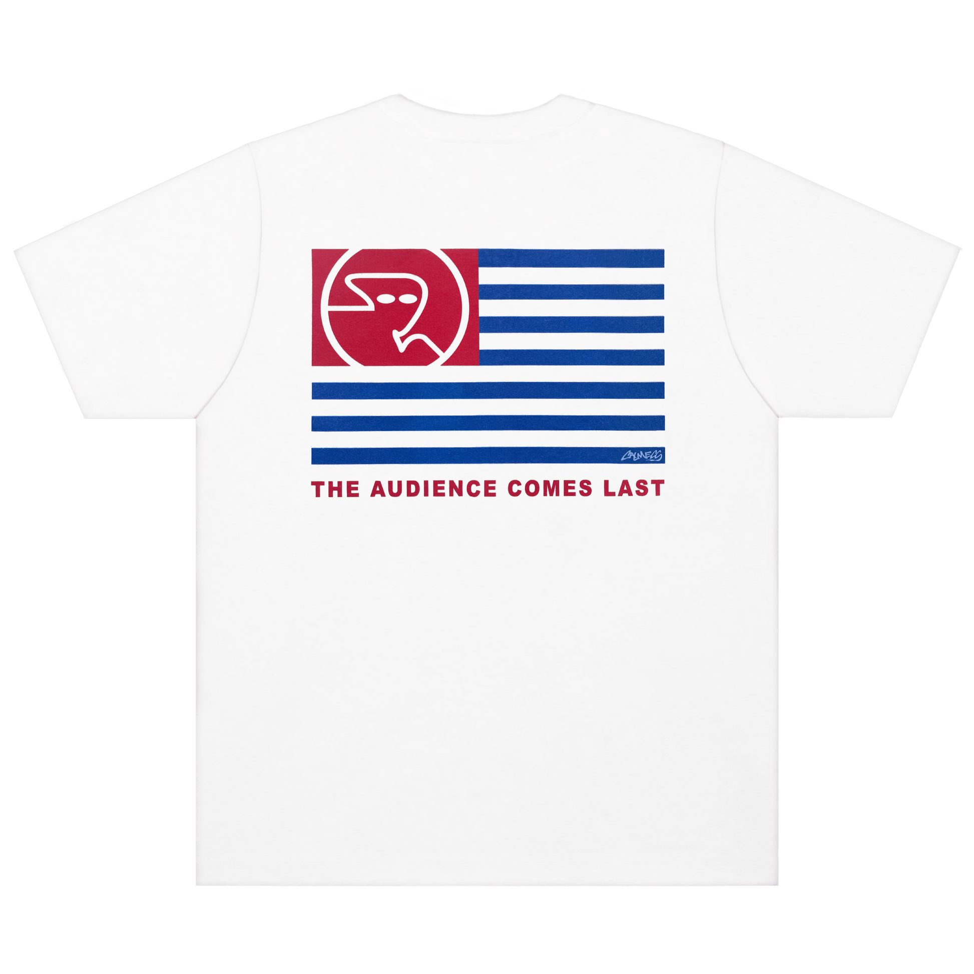 CALMECS T-SHIRT IN COLOR WHITE WITH RED AND BLUE BACK GRAPHIC PRINT. BLUE CALMECS LOGO.
