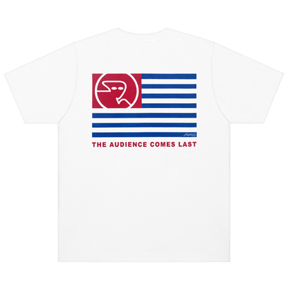 CALMECS T-SHIRT IN COLOR WHITE WITH RED AND BLUE BACK GRAPHIC PRINT. BLUE CALMECS LOGO.