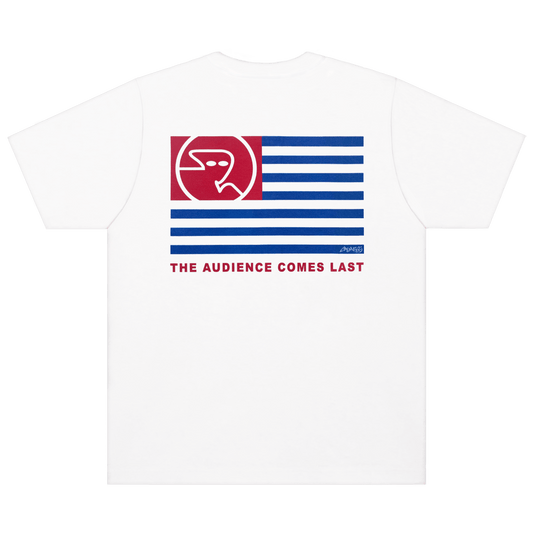 CALMECS T-SHIRT IN COLOR WHITE WITH RED AND BLUE BACK GRAPHIC PRINT. BLUE CALMECS LOGO.
