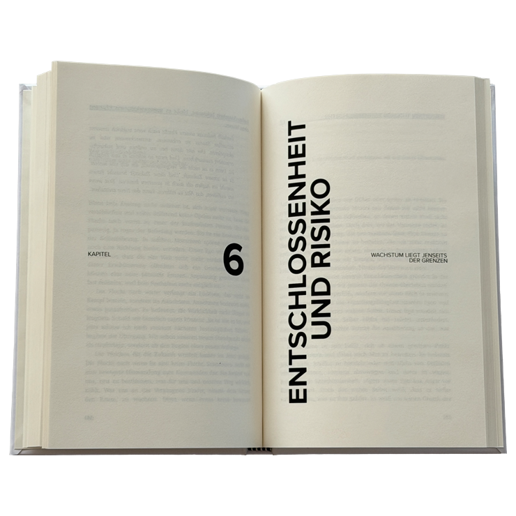 Open book with chapter title '6. Entschlossenheit und Risiko' on a white background
