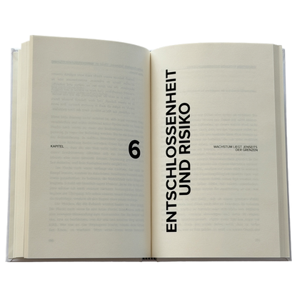 Open book with chapter title '6. Entschlossenheit und Risiko' on a white background