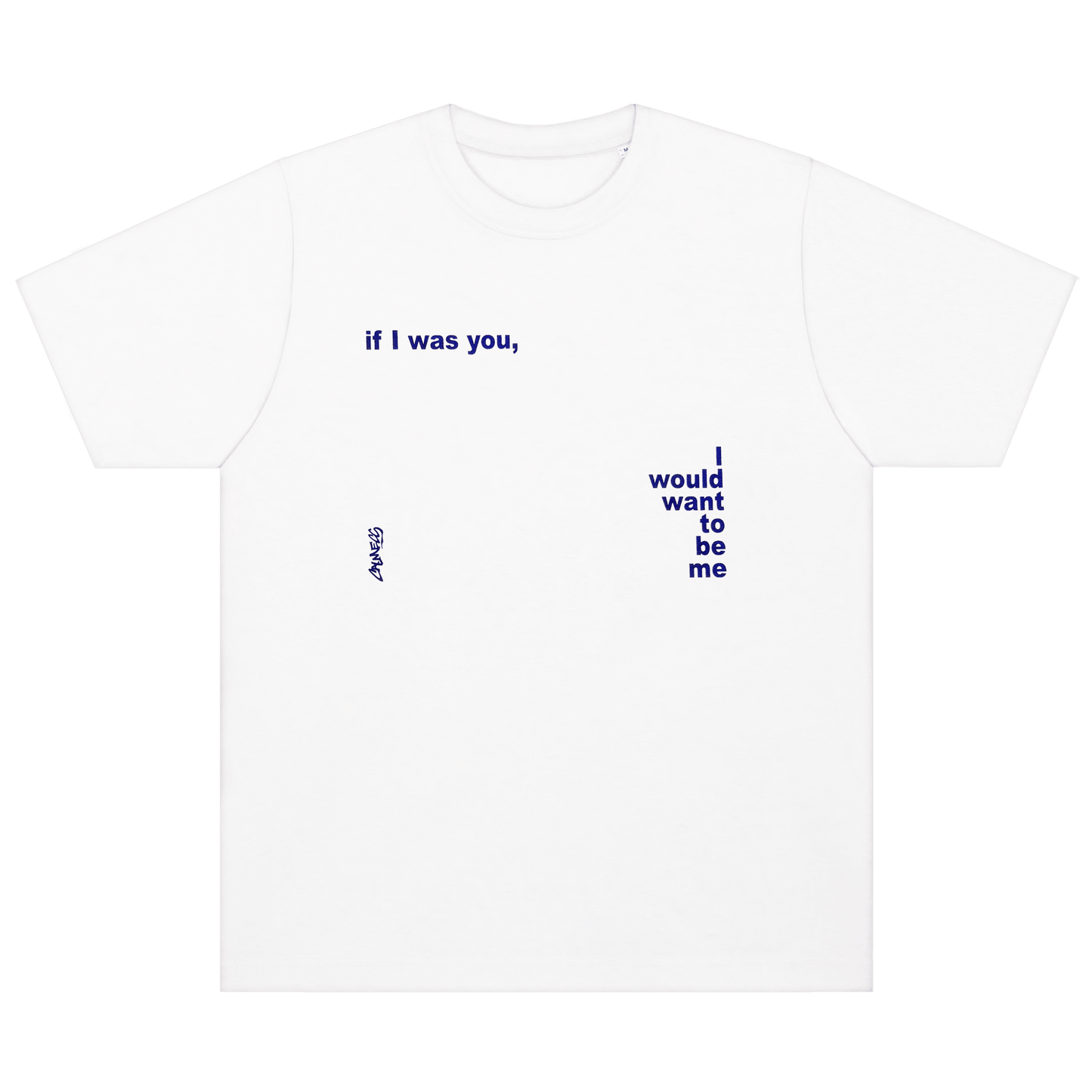 White t-shirt with blue text on a black background