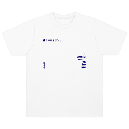 White t-shirt with blue text on a black background