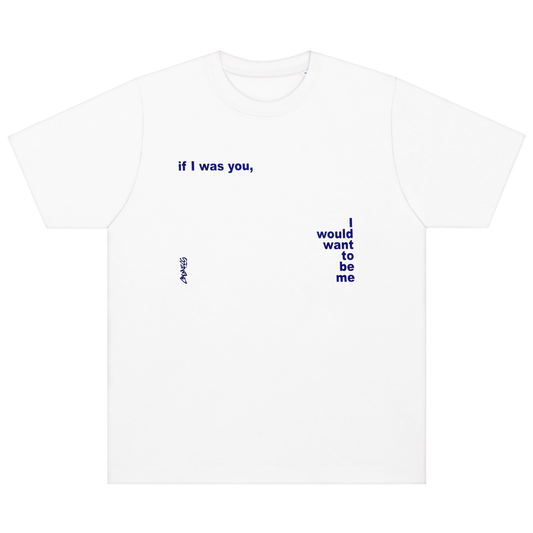 White t-shirt with blue text on a black background