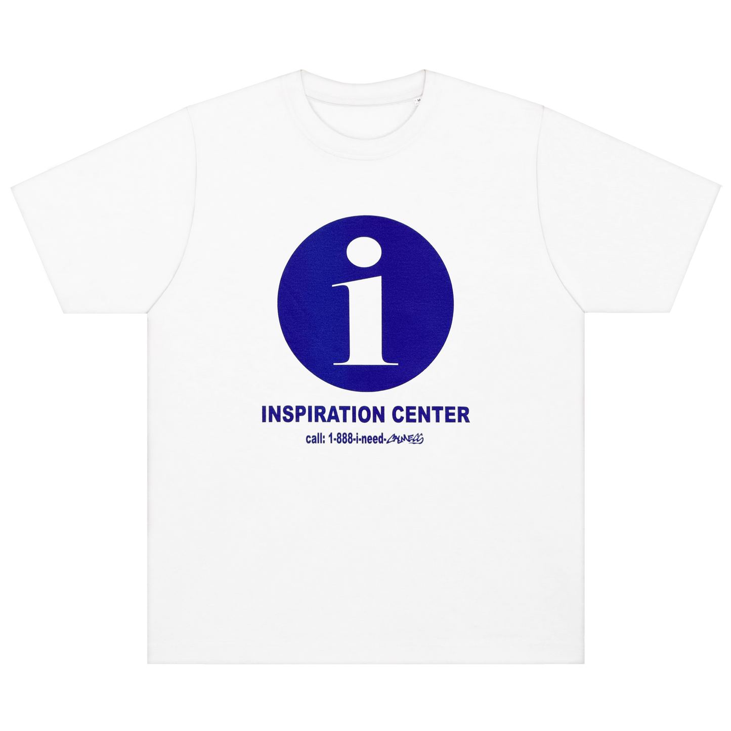 White t-shirt with blue 'i' logo and text on a white background