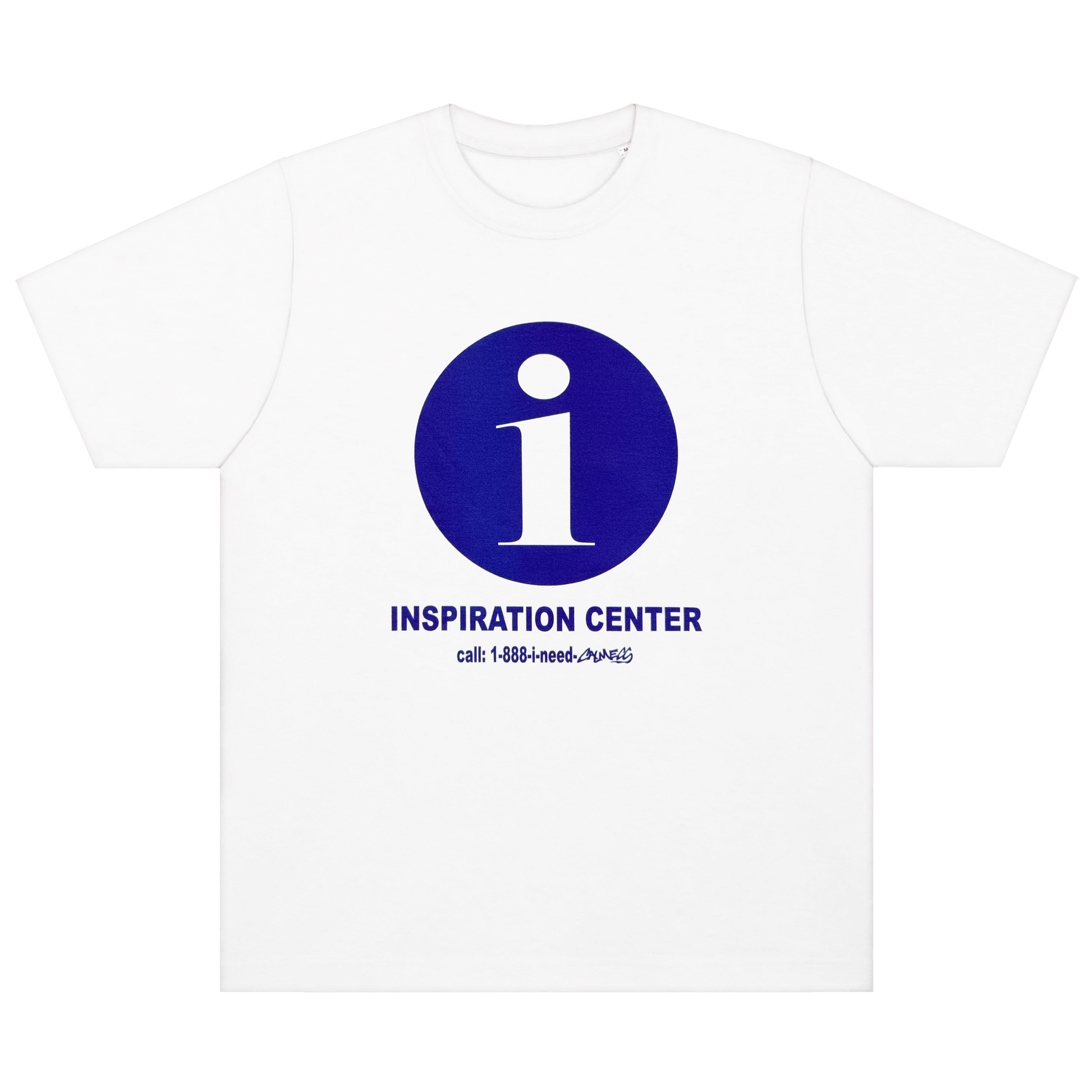 White t-shirt with blue 'i' logo and text on a white background