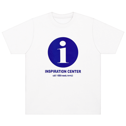 White t-shirt with blue 'i' logo and text on a white background