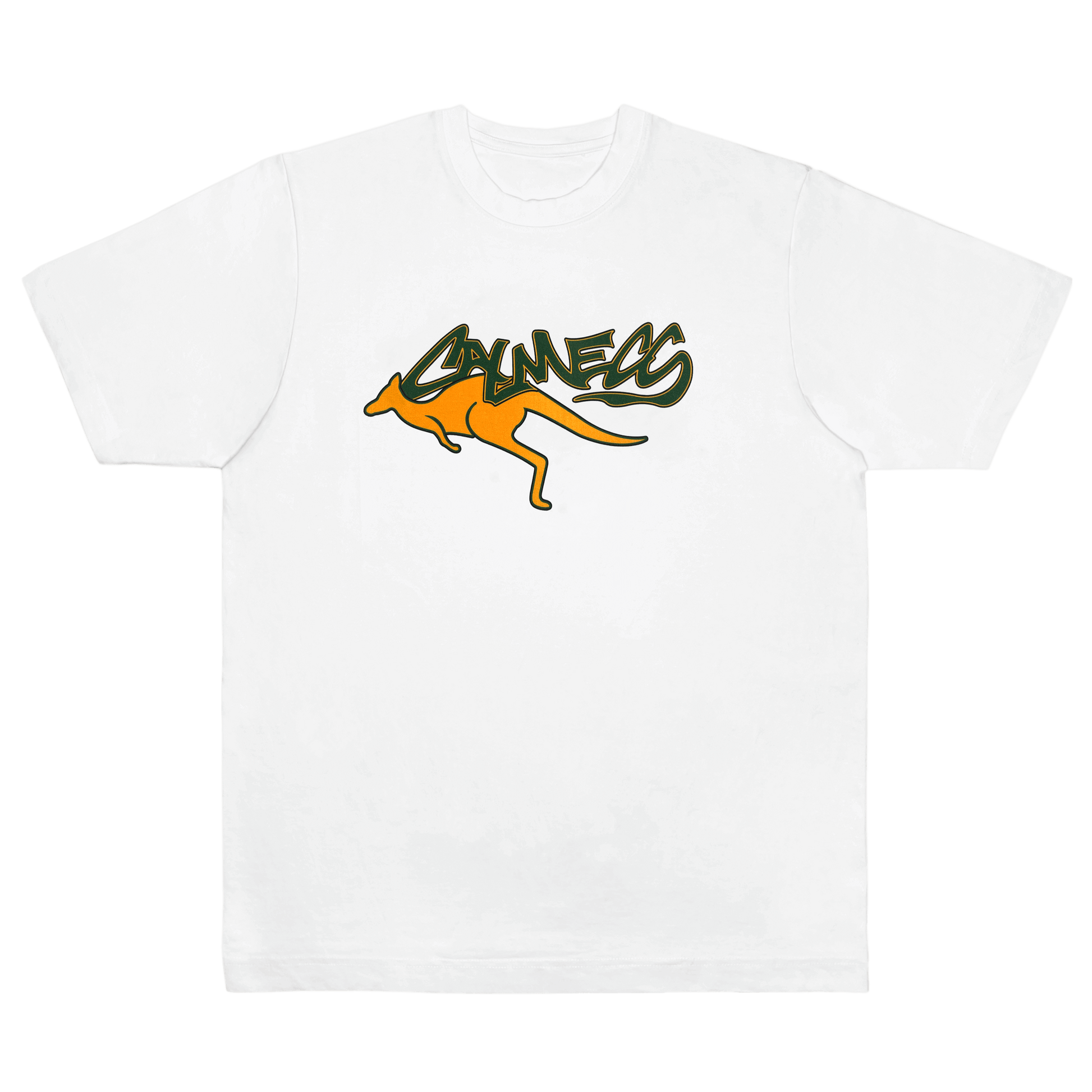 CALMECS T-SHIRT IN COLOR WHITE WITH YELLOW / ORANGE KANGAROO AND GREEN CALMECS LOGO FRONT PRINT. FRONT VIEW.