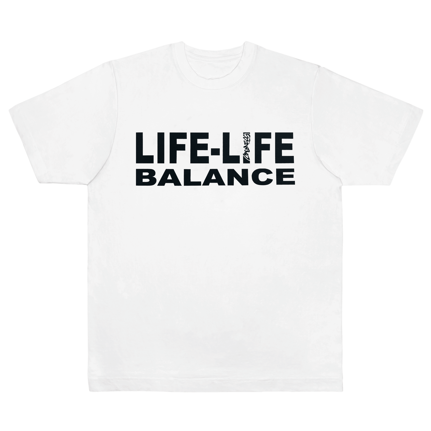 CALMECS T-SHIRT IN COLOR WHITE WITH BLACK LIFE-LIFE BALANCE FONT FRONT PRINT. FRONT VIEW.