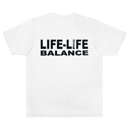 CALMECS T-SHIRT IN COLOR WHITE WITH BLACK LIFE-LIFE BALANCE FONT FRONT PRINT. FRONT VIEW.