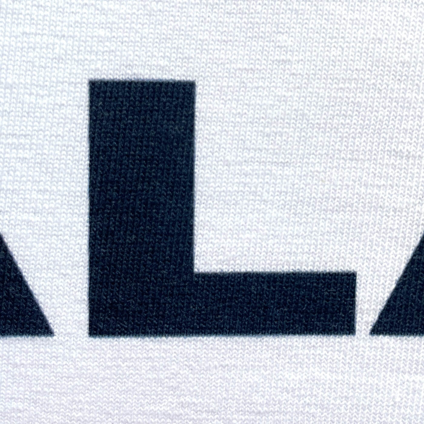 CALMECS T-SHIRT IN COLOR WHITE WITH BLACK LIFE-LIFE BALANCE FONT FRONT PRINT. CLOSE UP LETTER L.