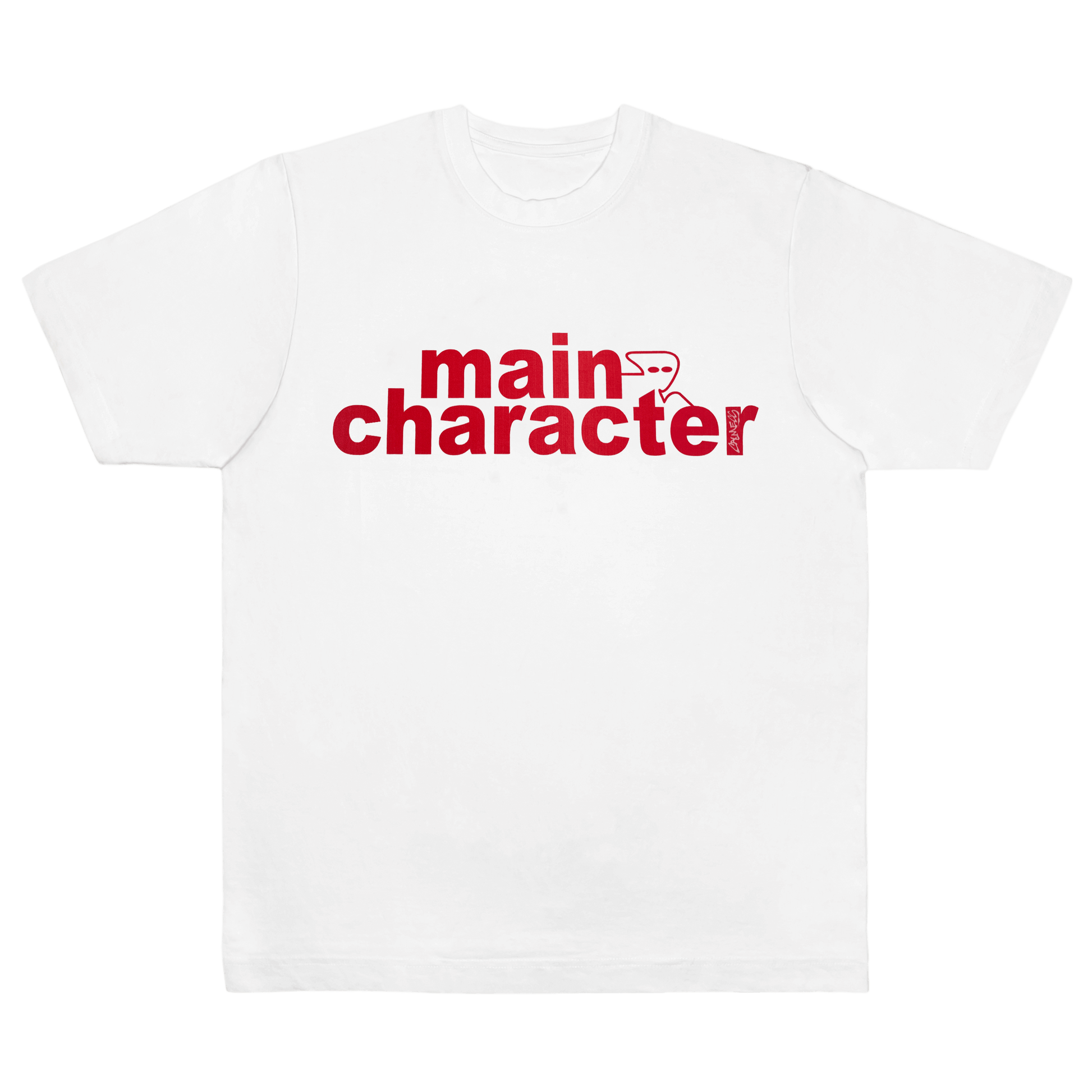 CALMECS T-SHIRT IN COLOR WHITE WITH RED MAIN CHARACTER FONT FRONT PRINT. FRONT VIEW.