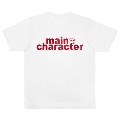 CALMECS T-SHIRT IN COLOR WHITE WITH RED MAIN CHARACTER FONT FRONT PRINT. FRONT VIEW.