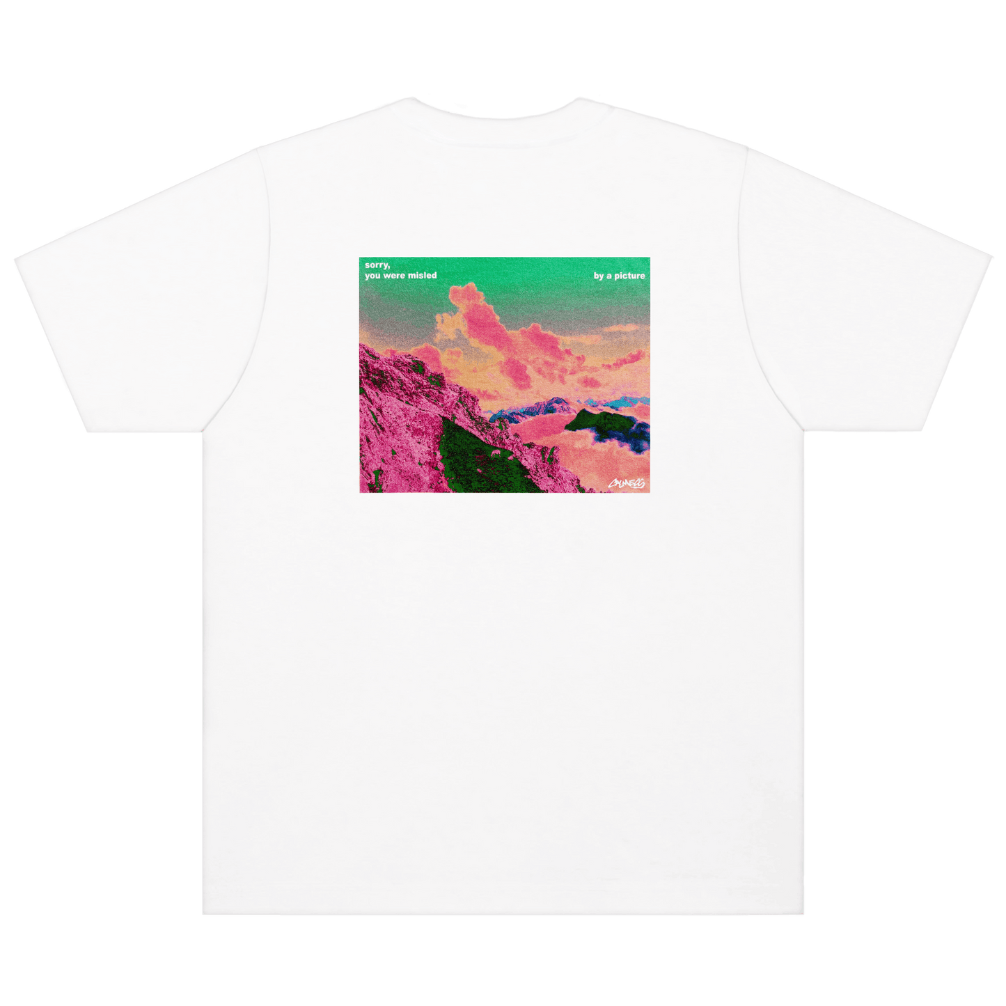 White t-shirt with a colorful graphic of mountains