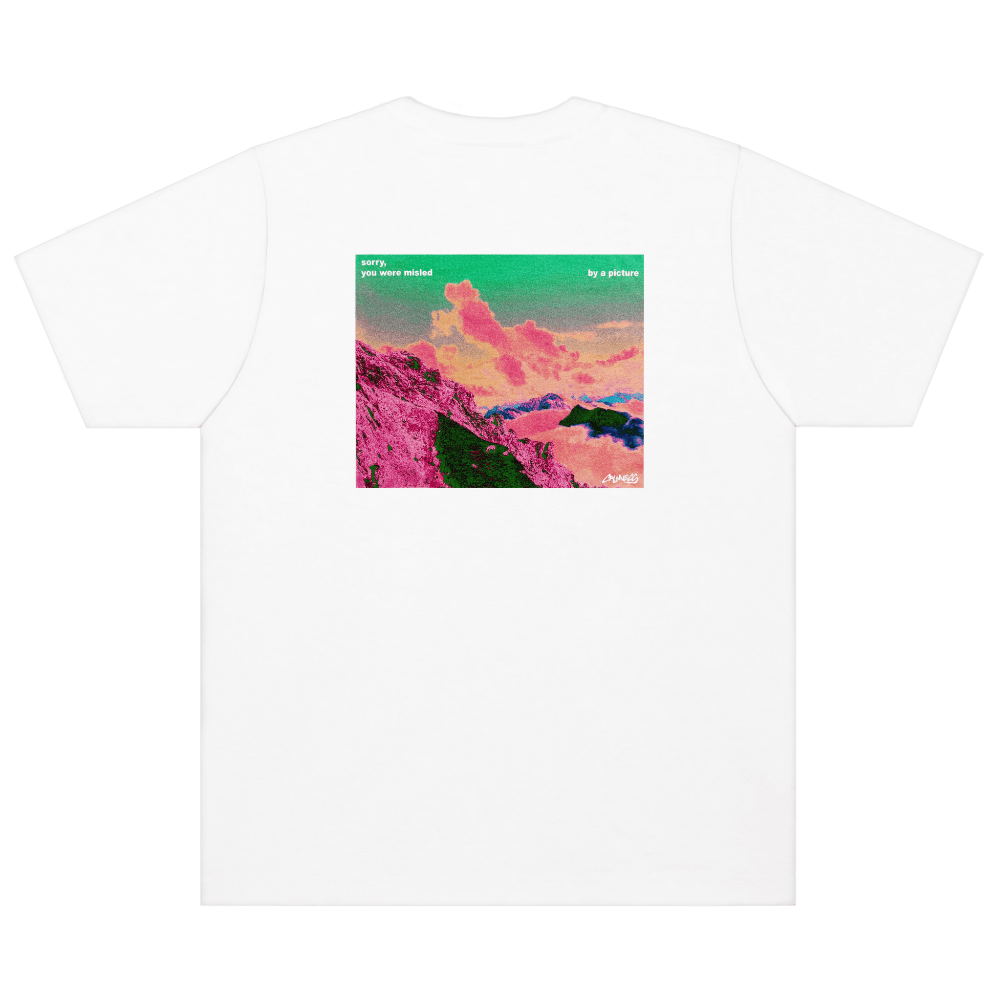 White t-shirt with a colorful graphic of mountains