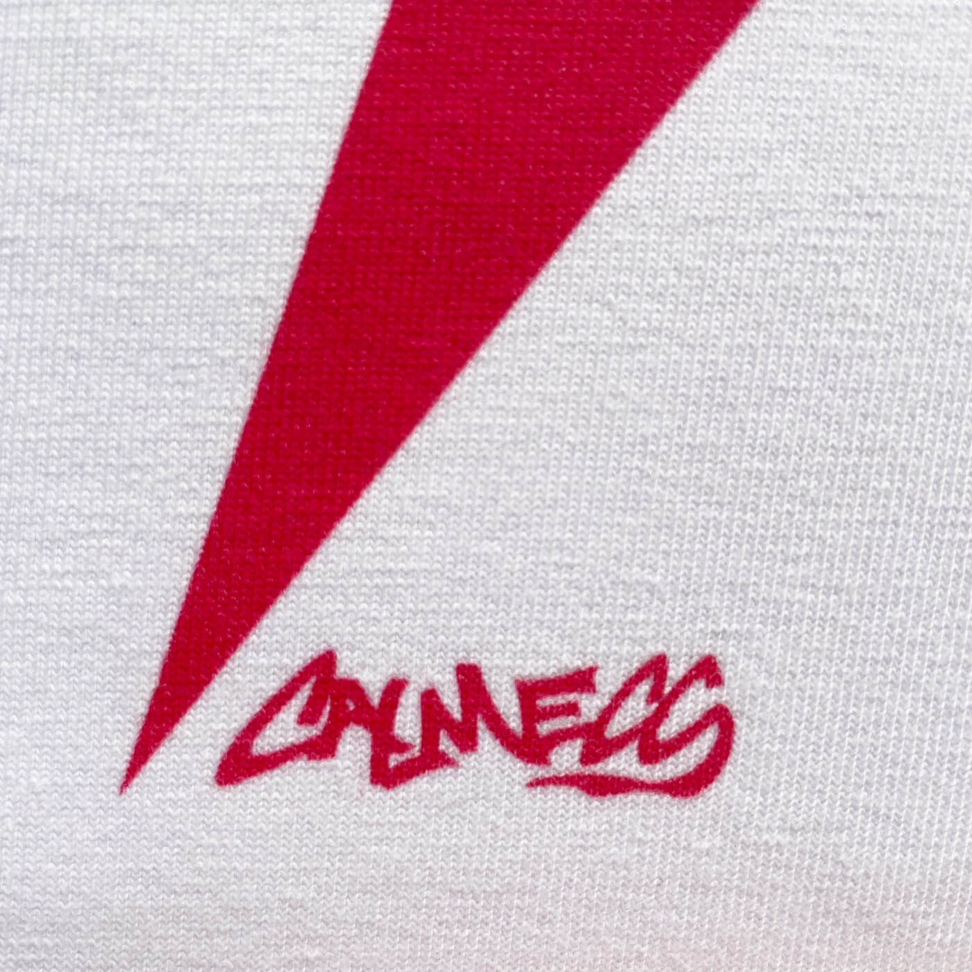 CALMECS T-SHIRT IN COLOR WHITE WITH RED AND GREEN STAR AND CALMECS LOGO FRONT PRINT. CLOSE UP CALMECS FONT.