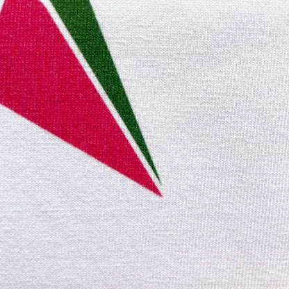 CALMECS T-SHIRT IN COLOR WHITE WITH RED AND GREEN STAR AND CALMECS LOGO FRONT PRINT. CLOSE UP STAR EDGE RIGHT.