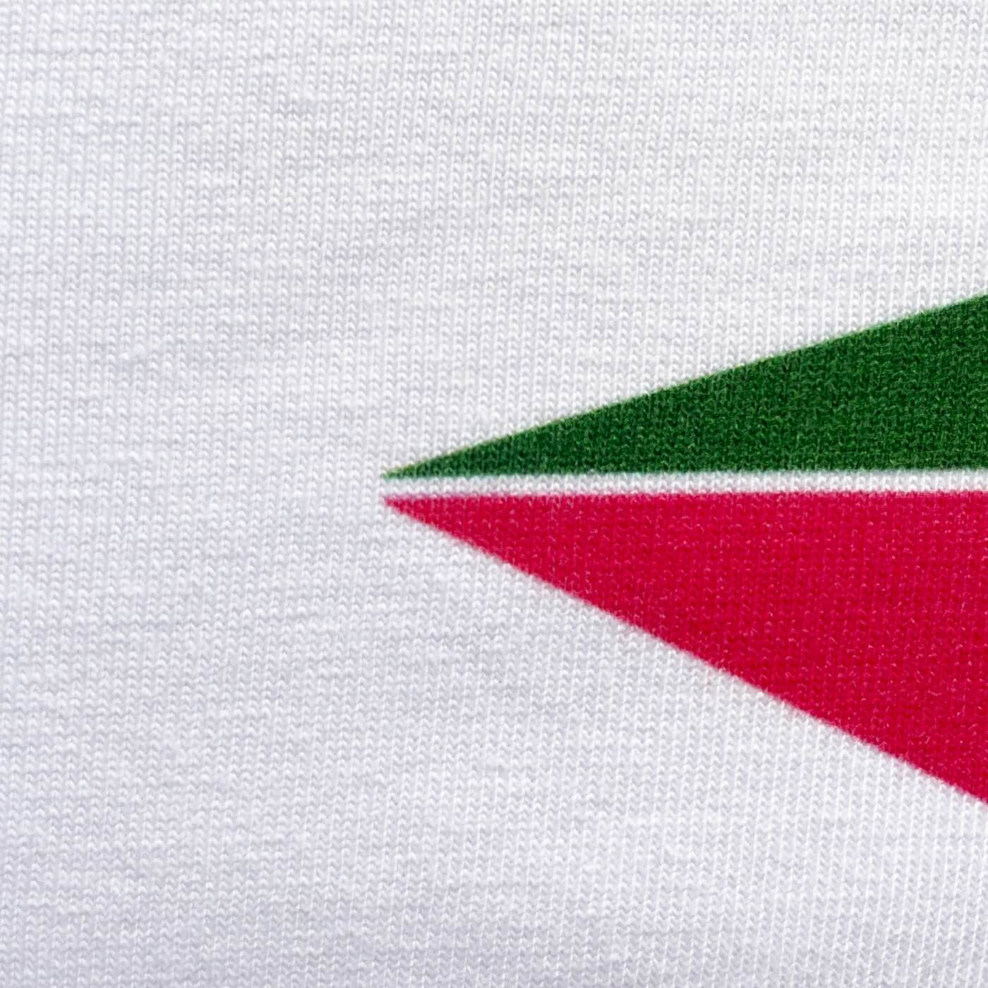 CALMECS T-SHIRT IN COLOR WHITE WITH RED AND GREEN STAR AND CALMECS LOGO FRONT PRINT. CLOSE UP STAR EDGE LEFT.