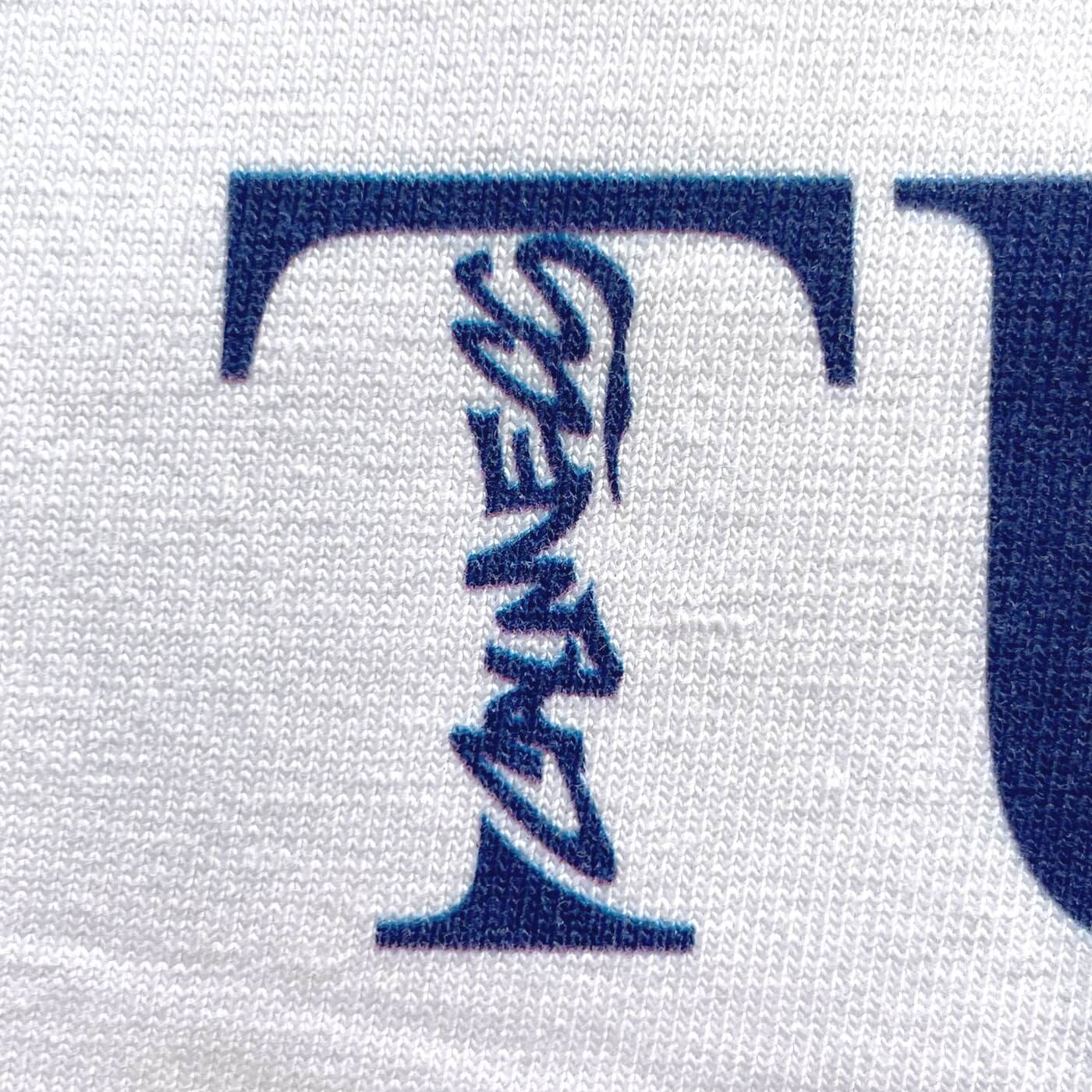 CALMECS T-SHIRT IN COLOR WHITE WITH BLUE TUTTO PASSA FONT AND BLUE EYES FRONT PRINT. CLOSE UP CALMECS FONT.