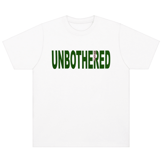 White t-shirt with 'UNBOTHERED' printed in green