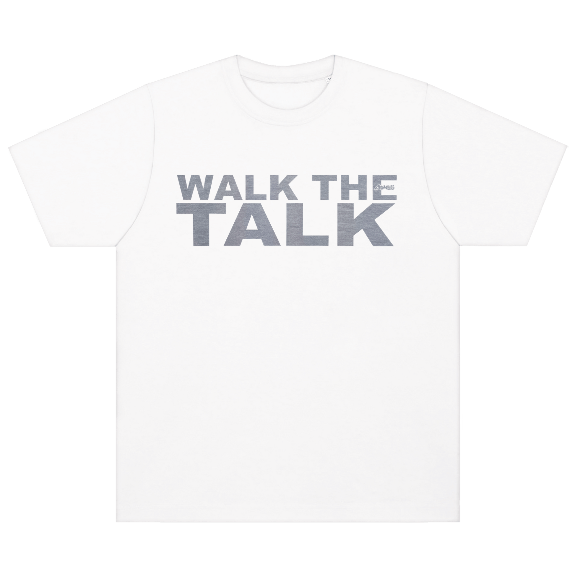 CALMECS T-SHIRT IN COLOR WHITE WITH GREY FONT FRONT PRINT. CALMECS LOGO. 